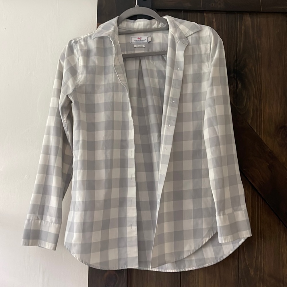 A grey and white checkered flannel from vineyard vines!